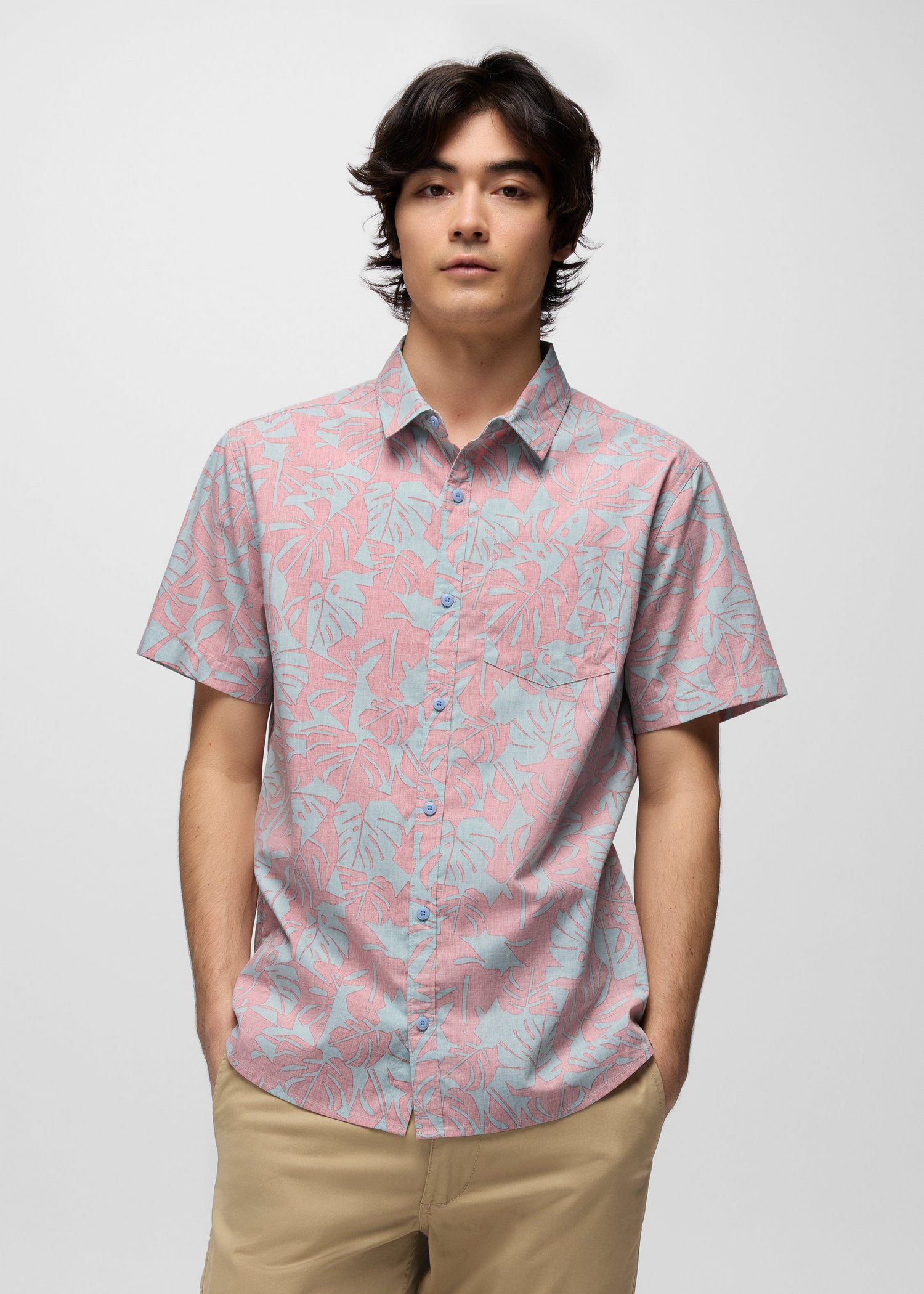Mens prAna Stimmersee Shirt - Sea Glass Monstera