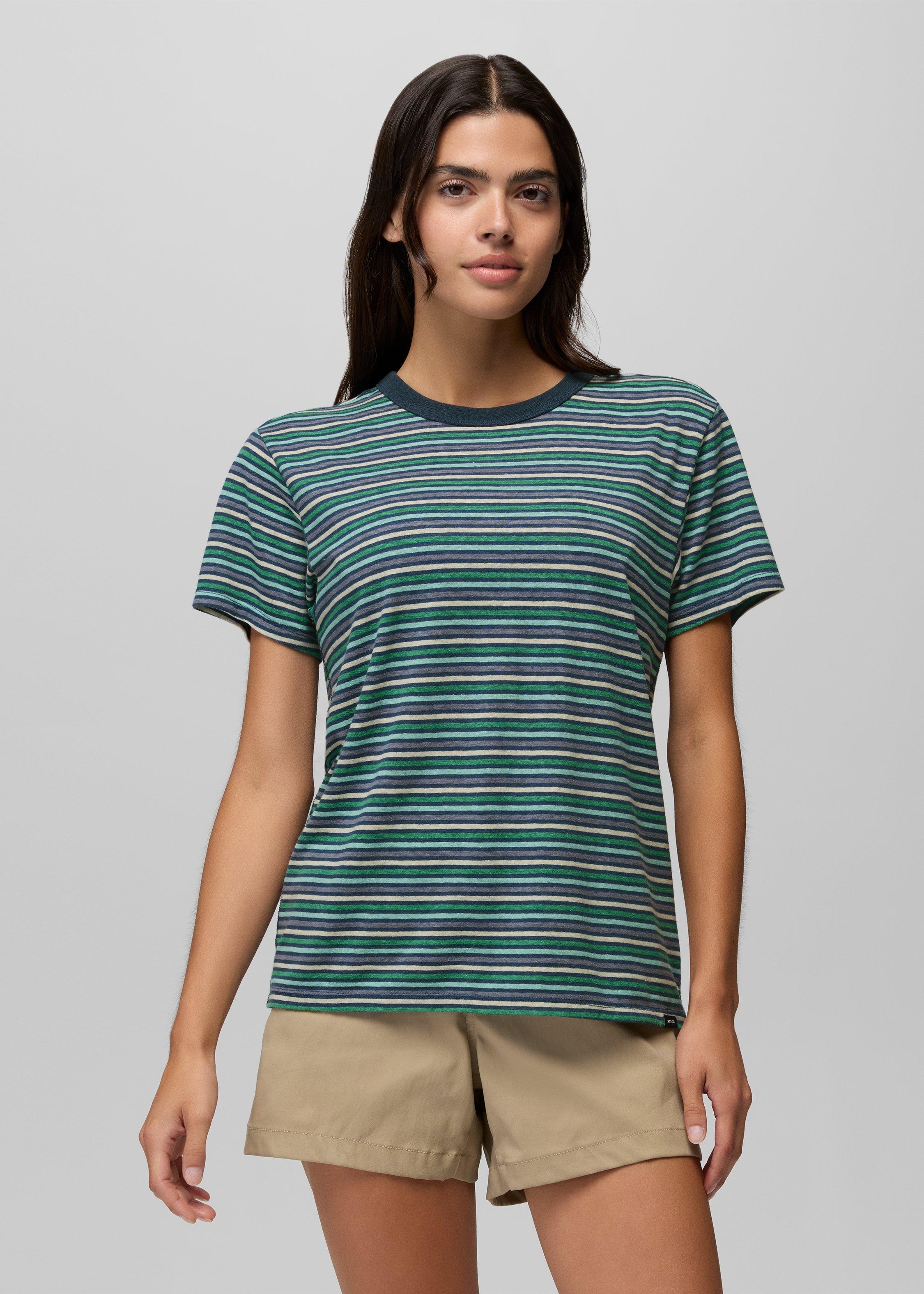 Womens prAna Cozy Up Short Sleeve Crew - Bluff Blue Stripe
