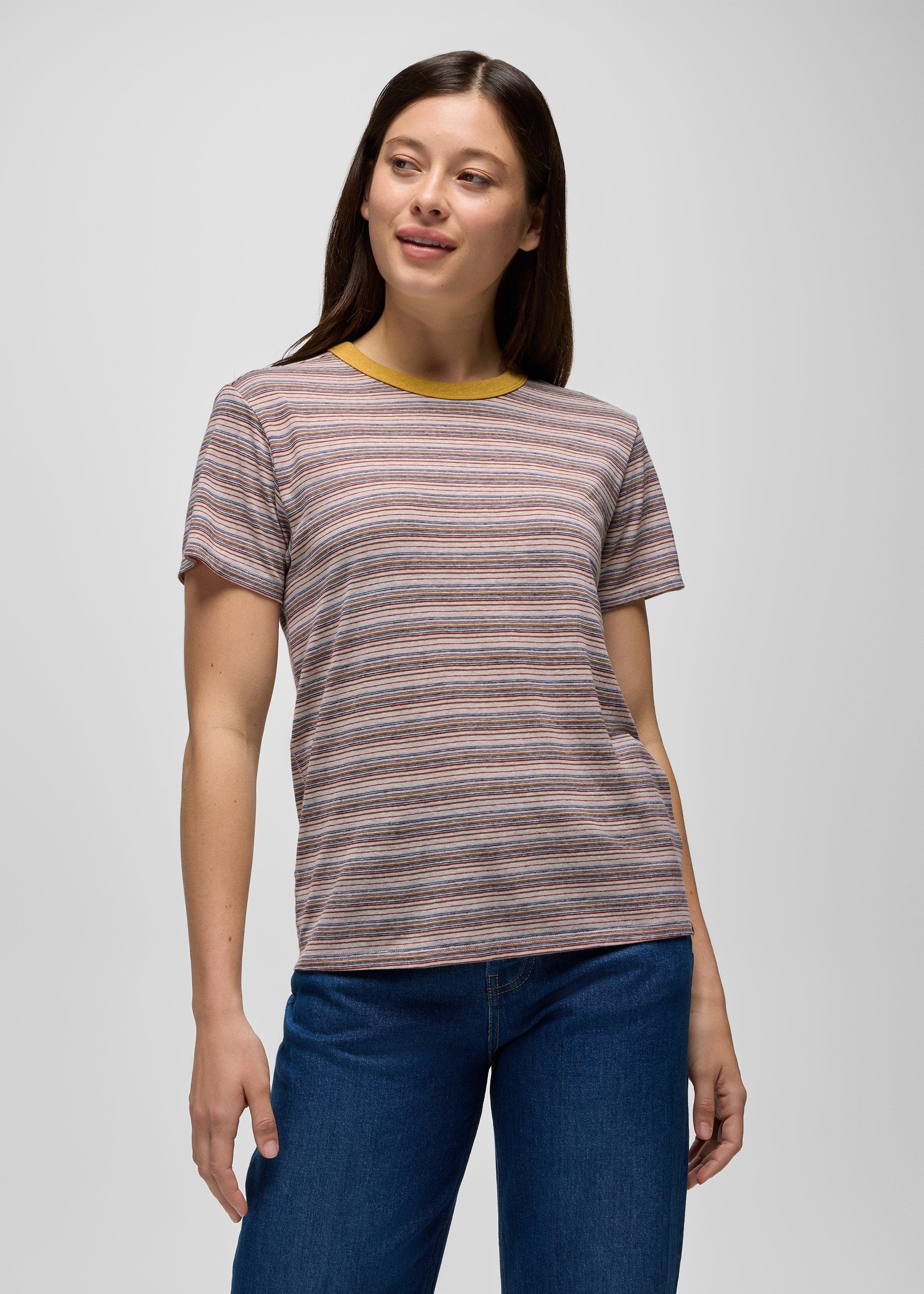 Womens prAna Cozy Up Short Sleeve Crew - Dijon Stripe