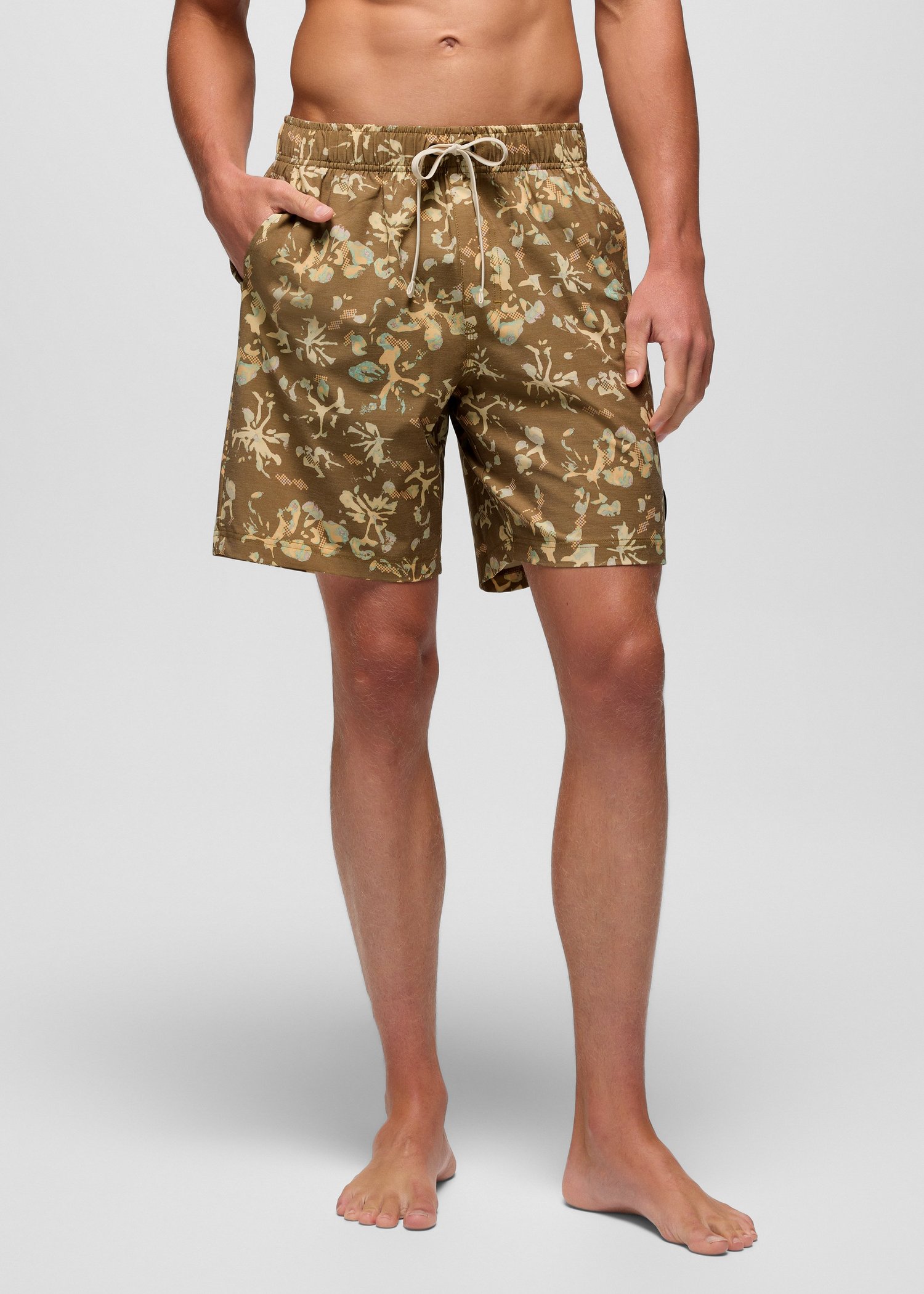Mens prAna Metric E-Waist Swim Short - Retro Olive Digibloom