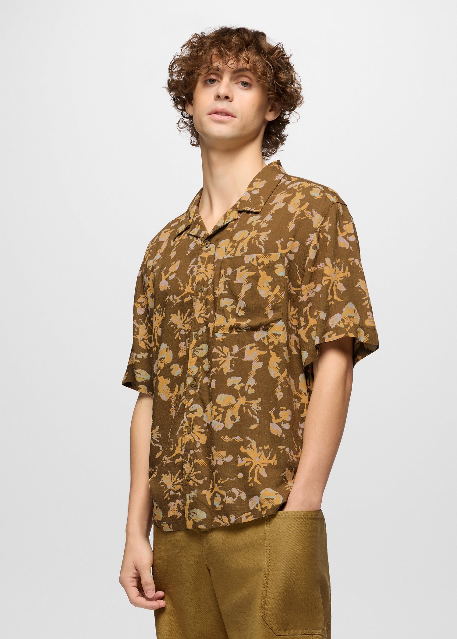 Mens prAna Peacepath Shirt - Retro Olive Digibloom