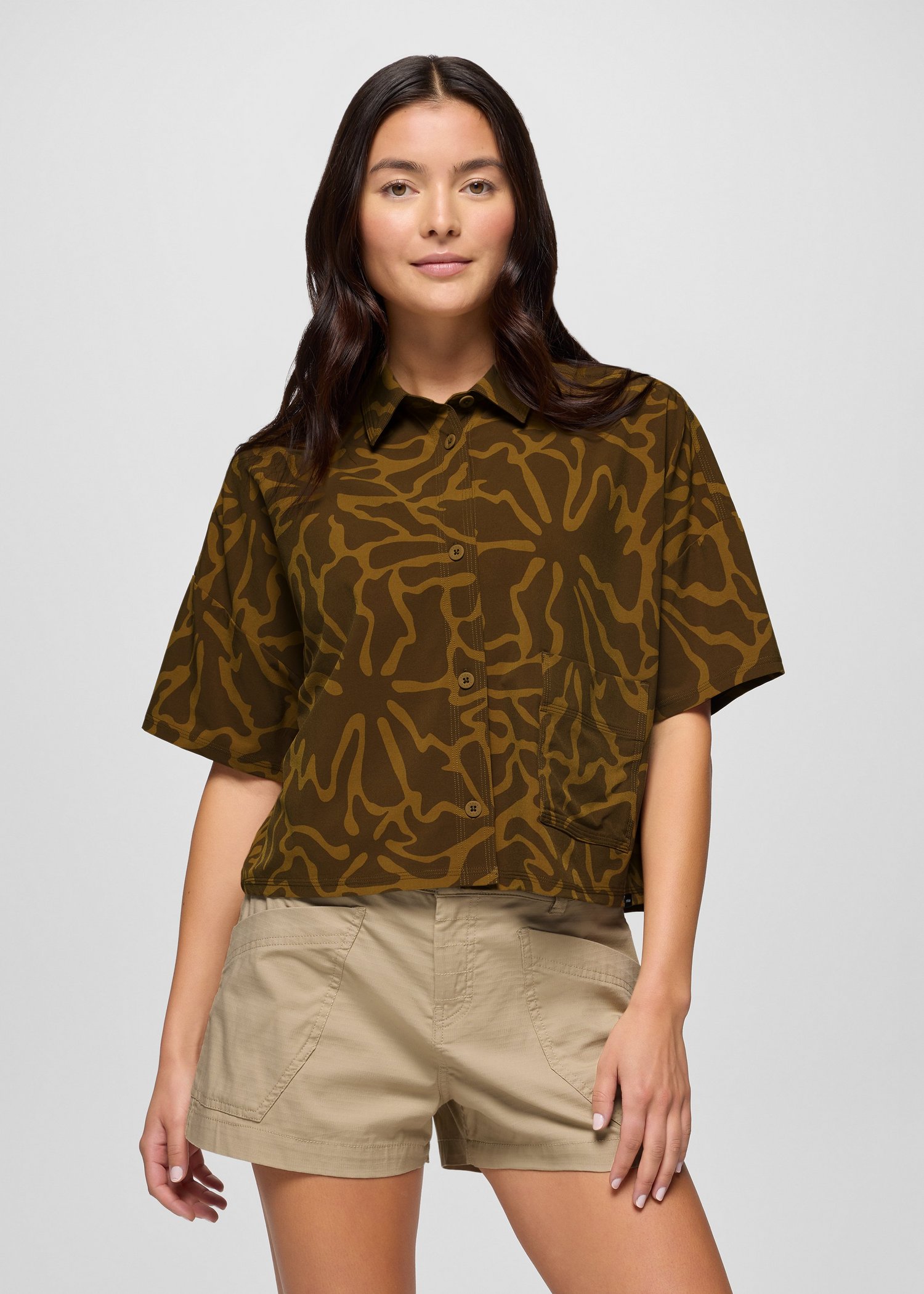 Womens prAna Railay Short Sleeve Button Down - Retro Olive Boogie Bloom