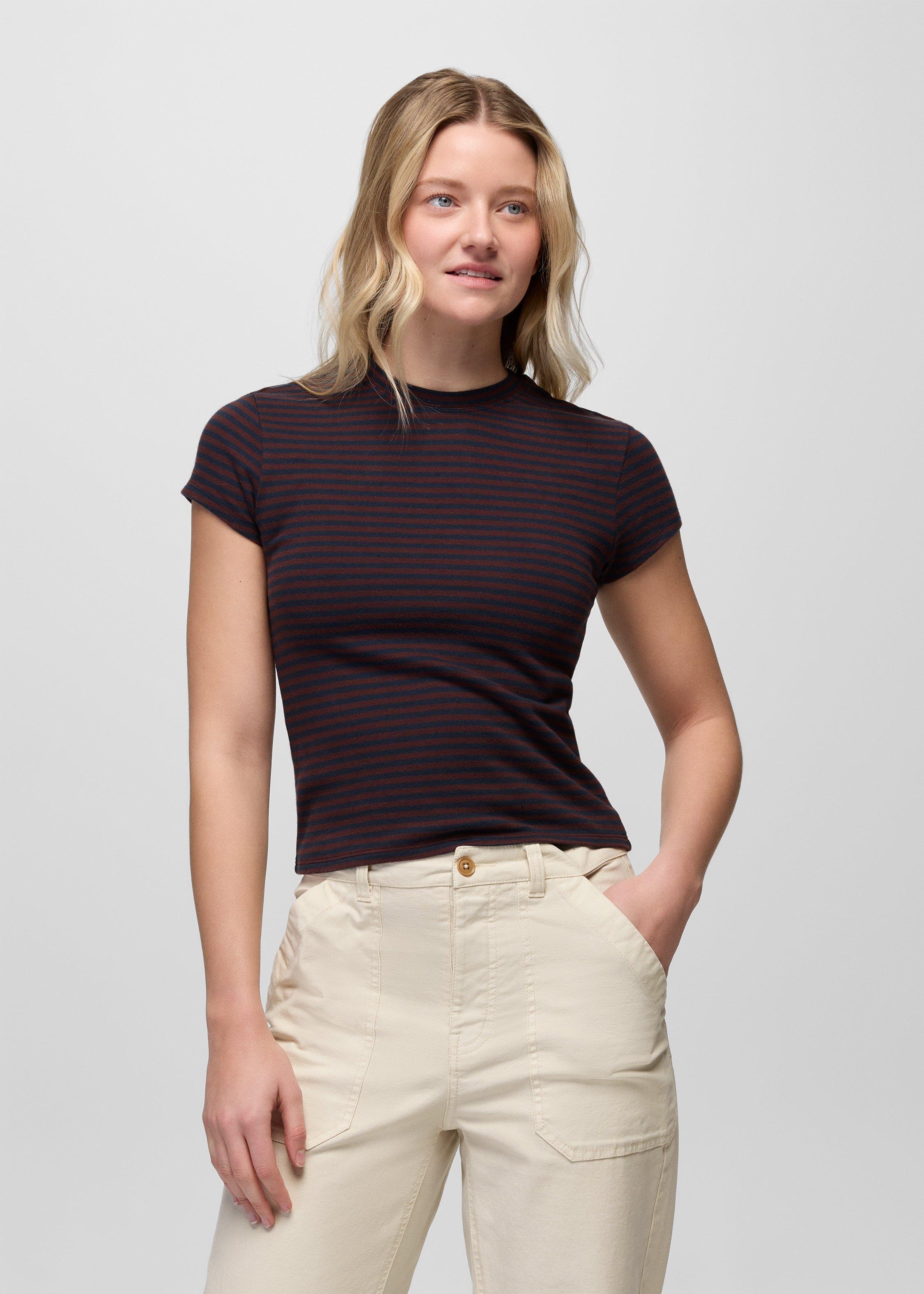 Womens prAna Lotus Short Sleeve Tee - Cacao Stripe