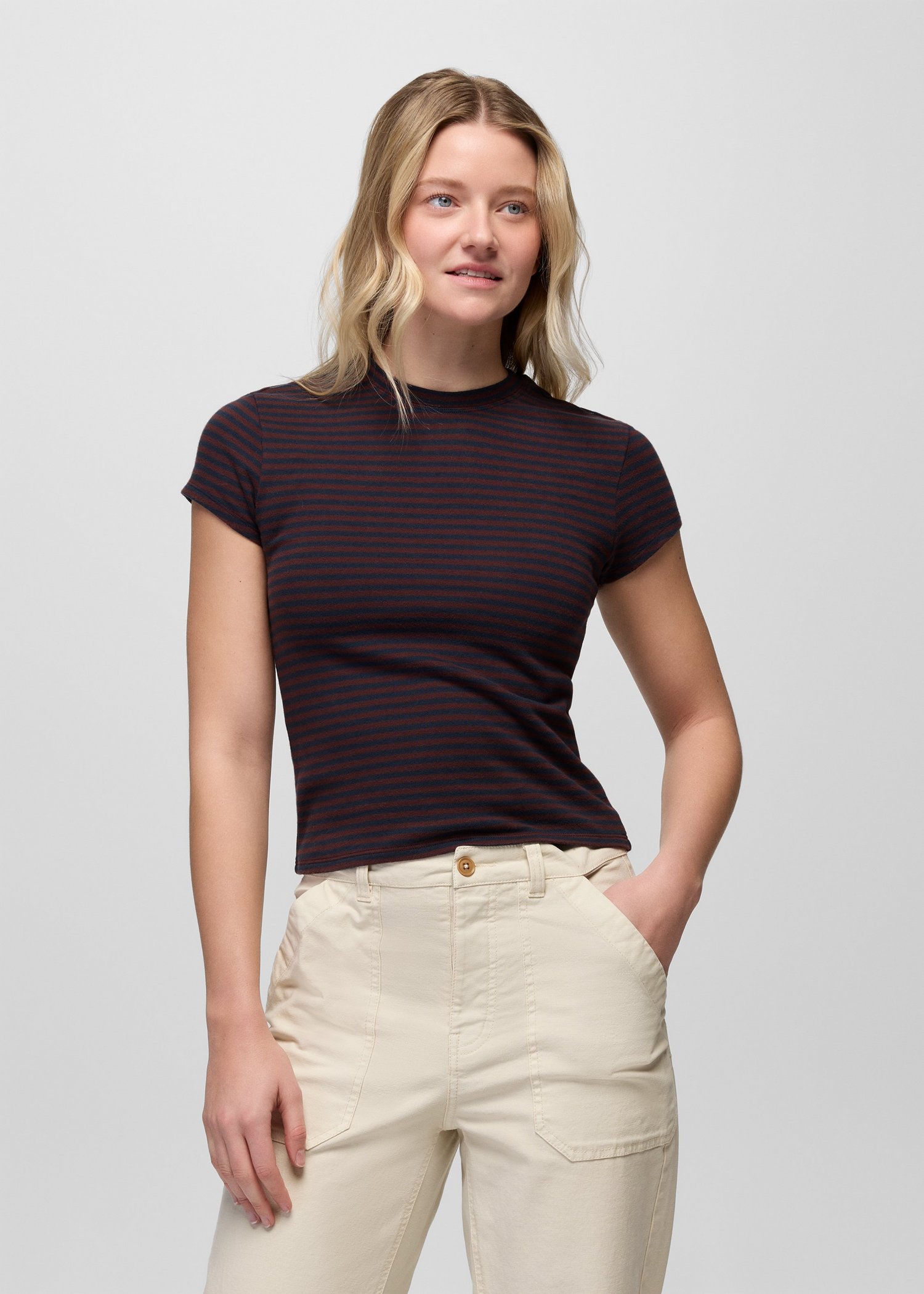 Womens prAna Lotus Short Sleeve Tee - Cacao Stripe