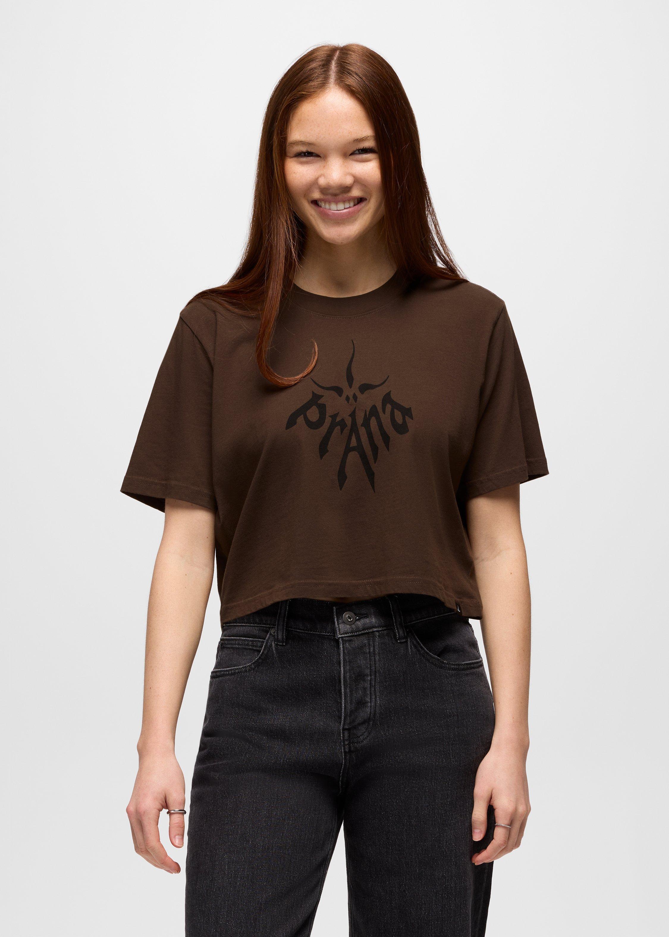 Womens prAna Heritage Graphic Crop Tee - Dark Roast