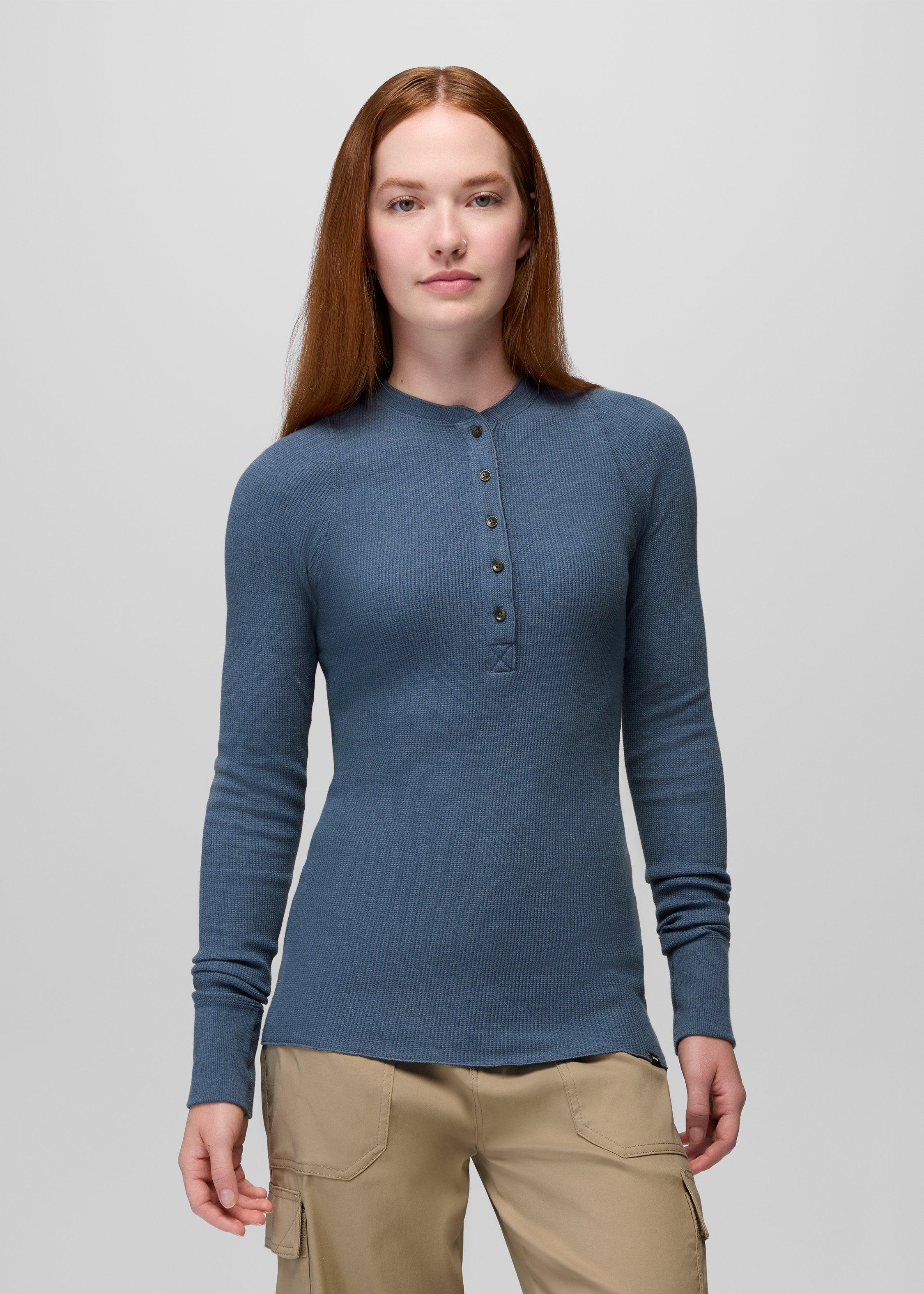 Womens prAna Touchstone Henley - Bluff Blue Heather