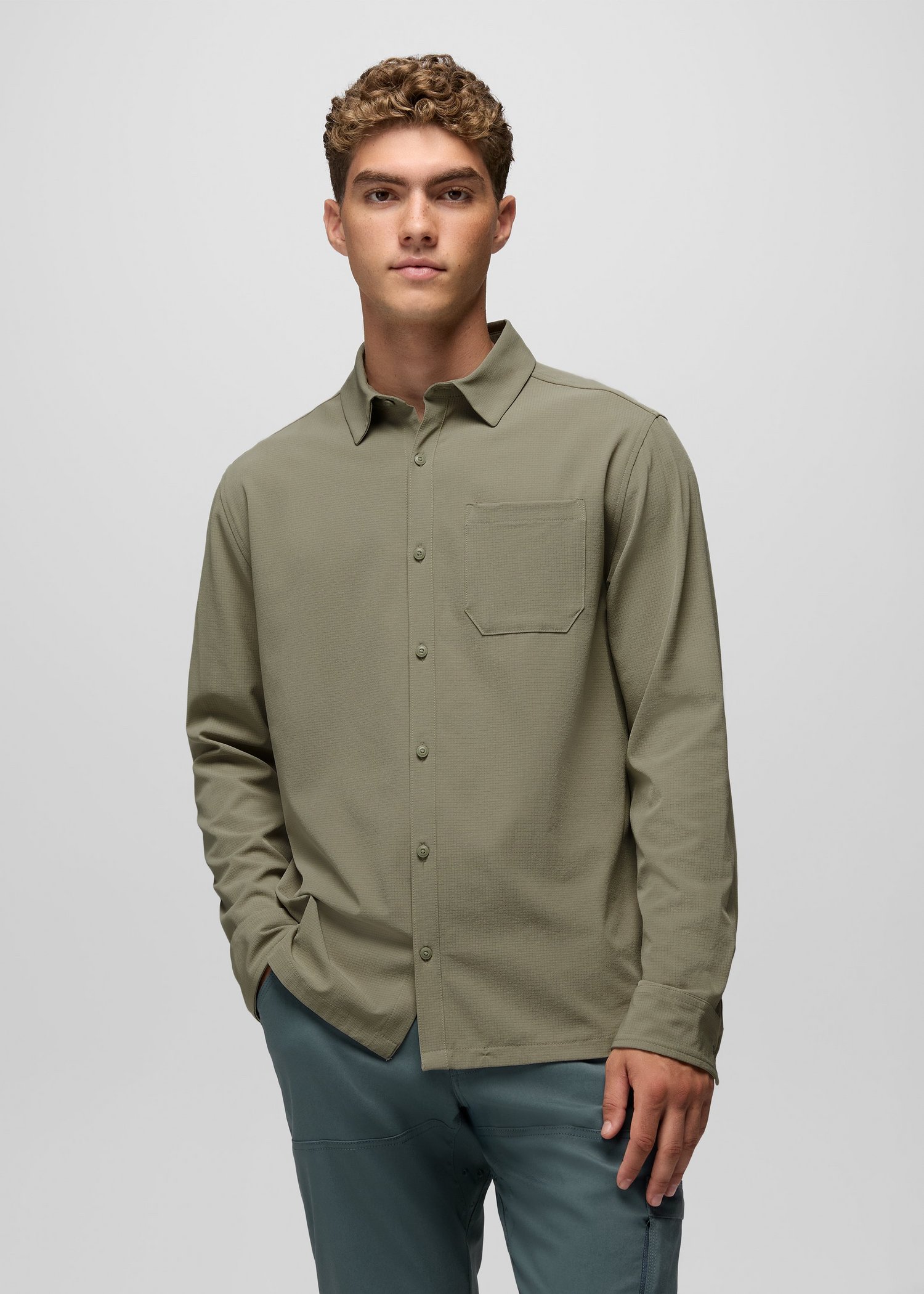 Mens prAna Hybridizer Long Sleeve Shirt - Sage