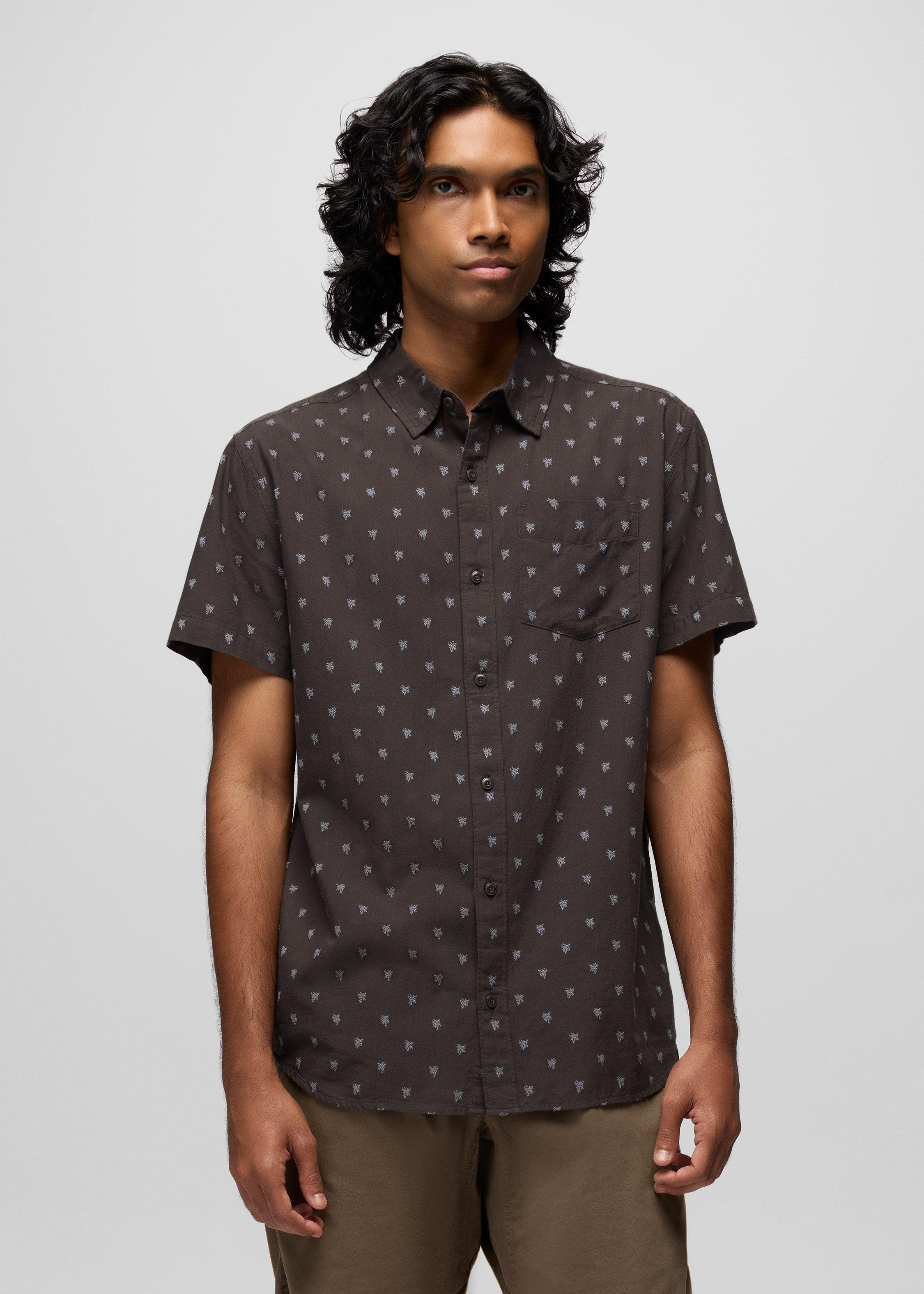 Mens prAna Metador Short Sleeve Shirt - Basalt Palm Trees