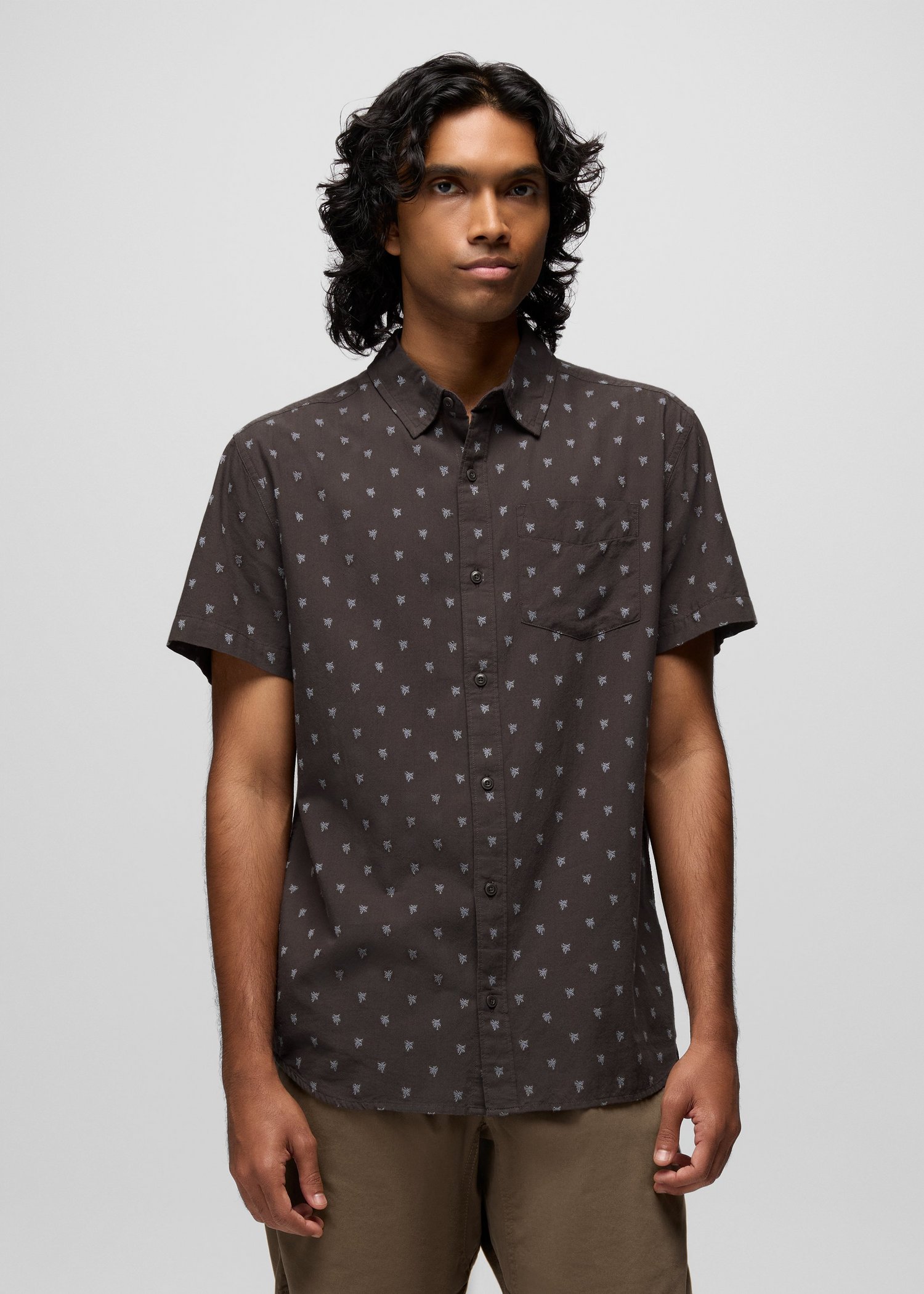 Mens prAna Metador Short Sleeve Shirt - Basalt Palm Trees