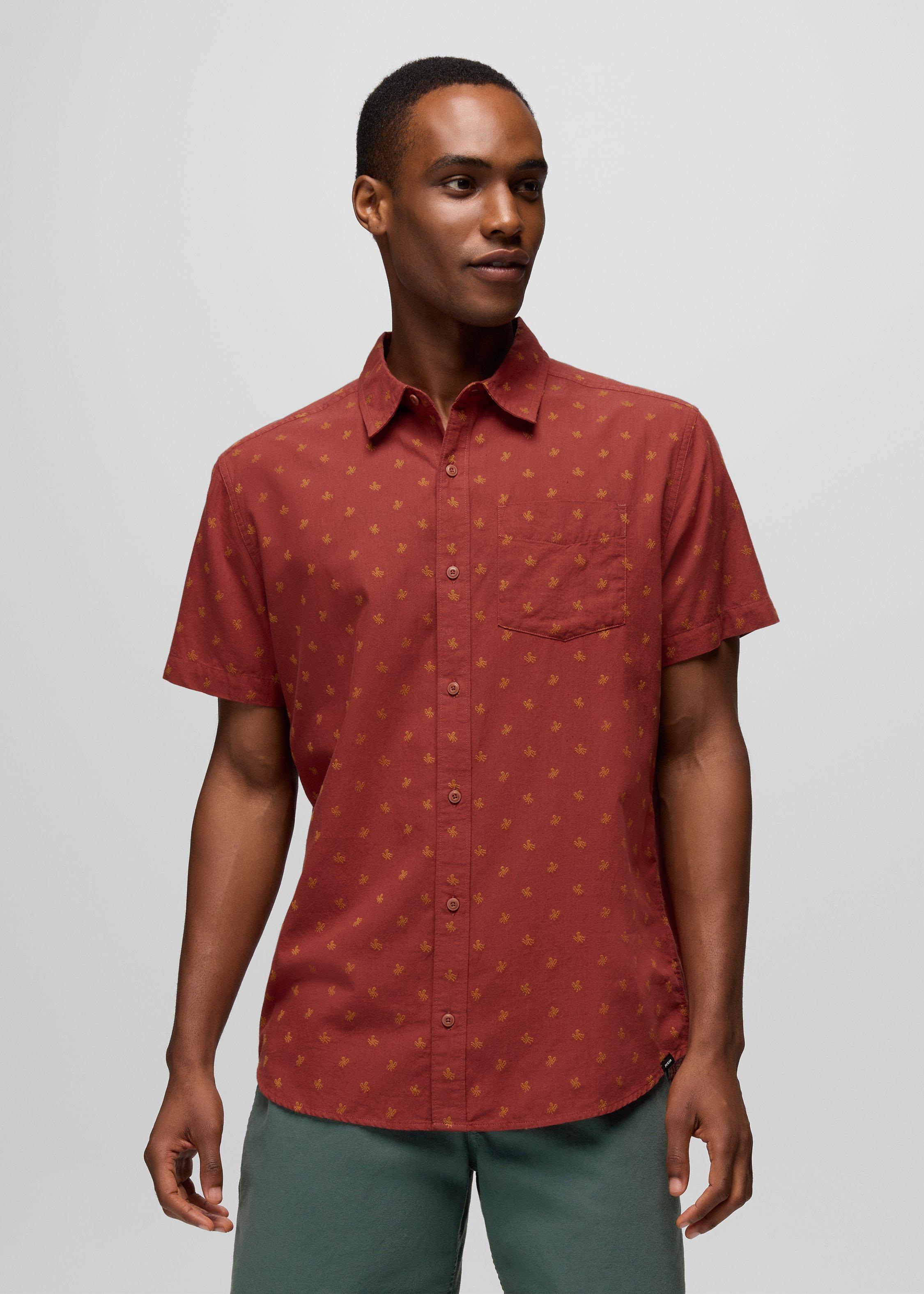 Mens prAna Metador Short Sleeve Shirt - Red Ochre Octopus