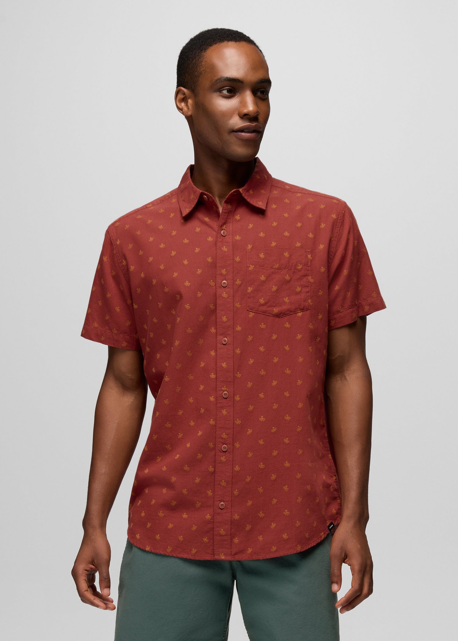 Mens prAna Metador Short Sleeve Shirt - Red Ochre Octopus