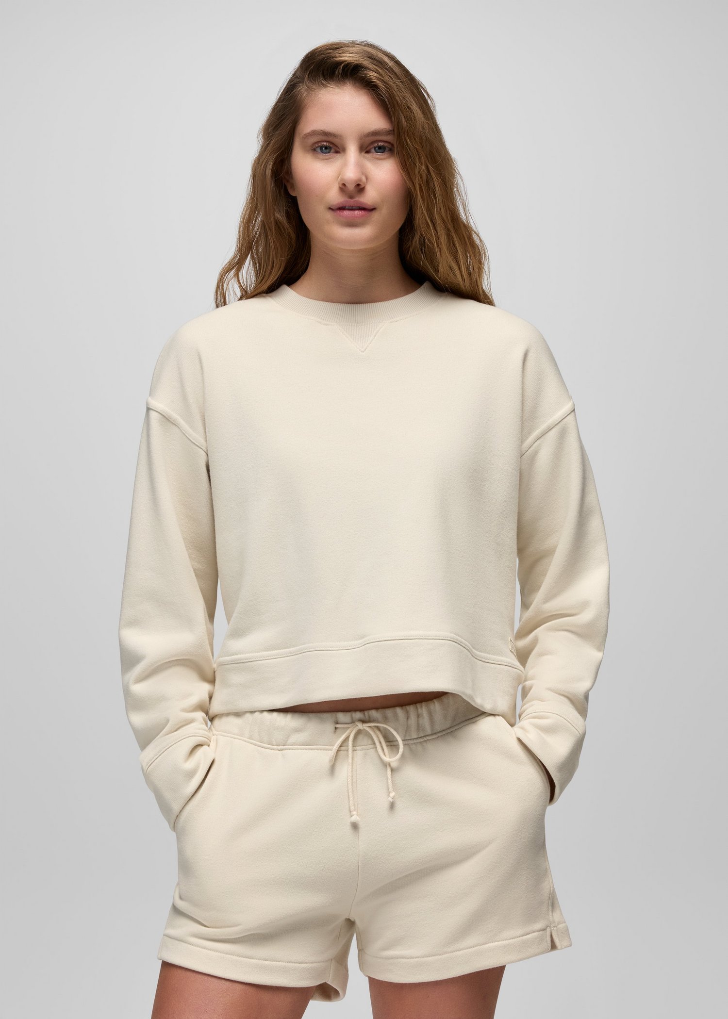 Womens prAna DreamTerry Crew Sweatshirt - Beach Pebble
