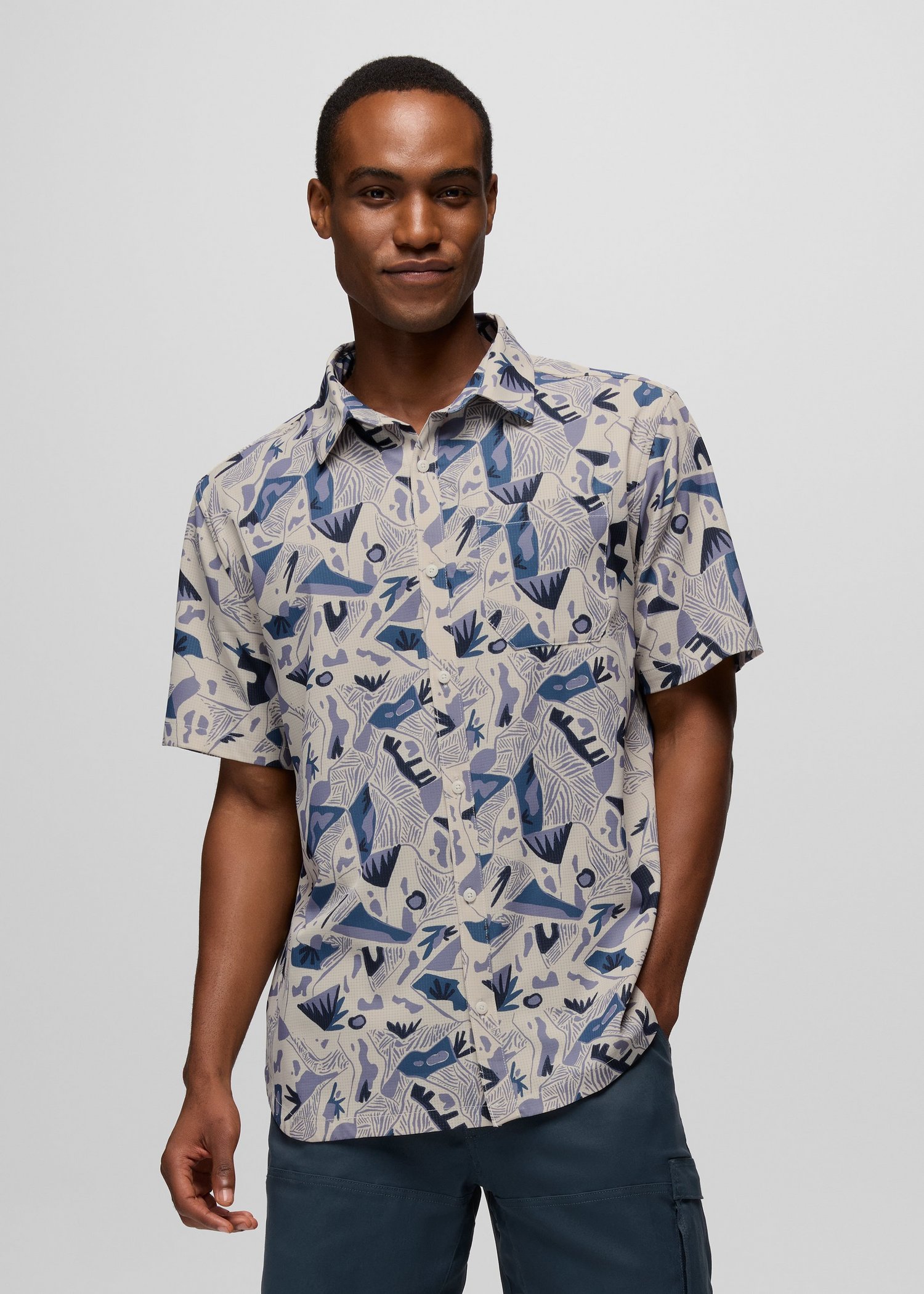 Mens prAna Hybridizer Short Sleeve Shirt - Beach Pebble Watershed