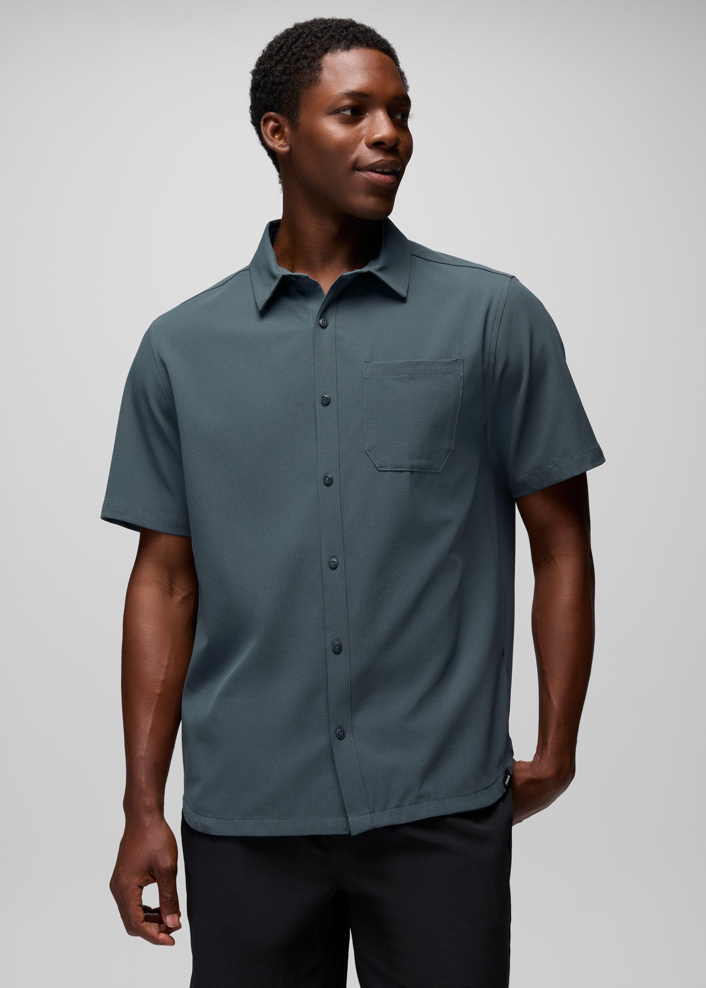 Mens prAna Hybridizer Short Sleeve Shirt - Grey Blue