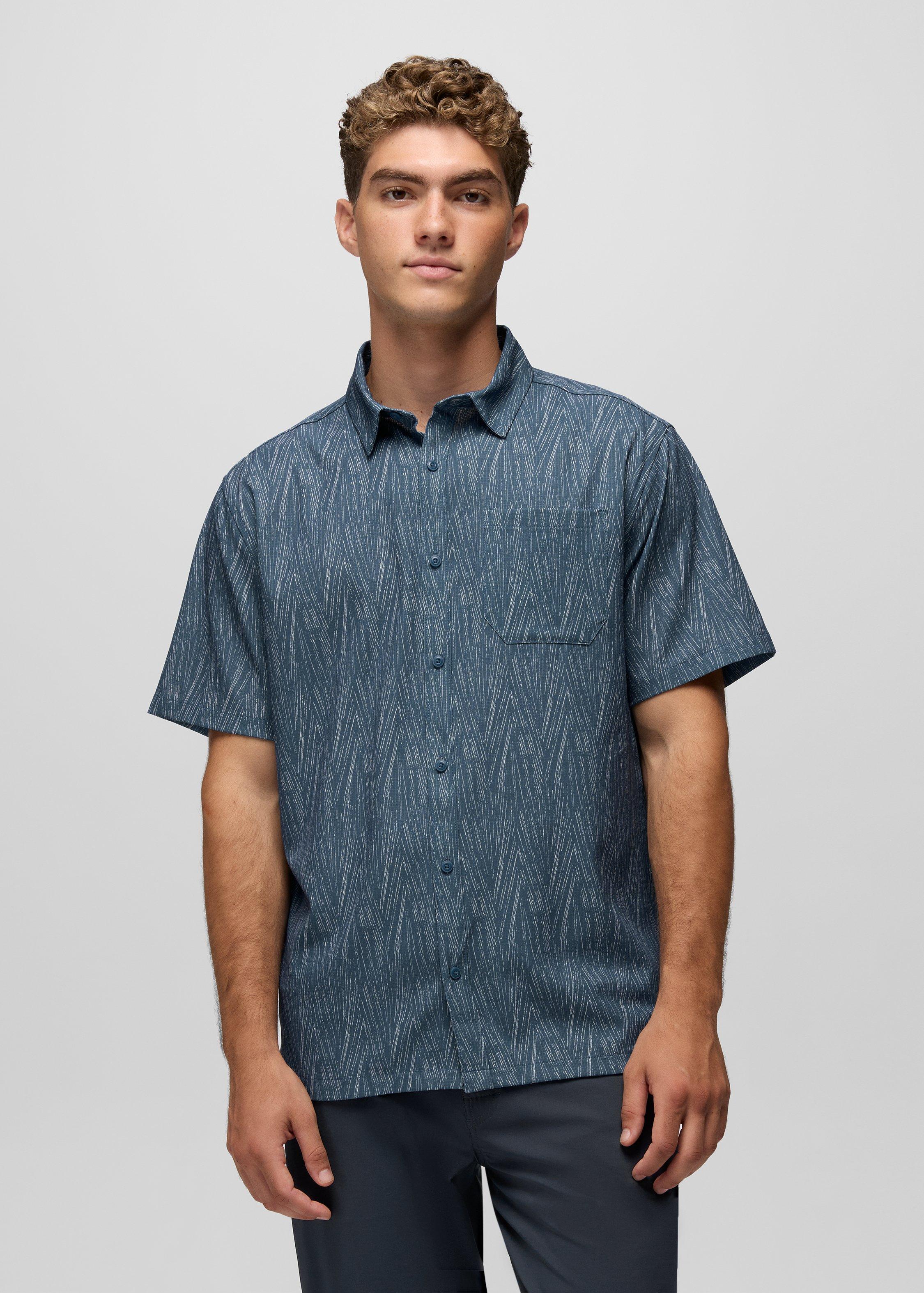 Mens prAna Hybridizer Short Sleeve Shirt - Bluff Blue Seashells