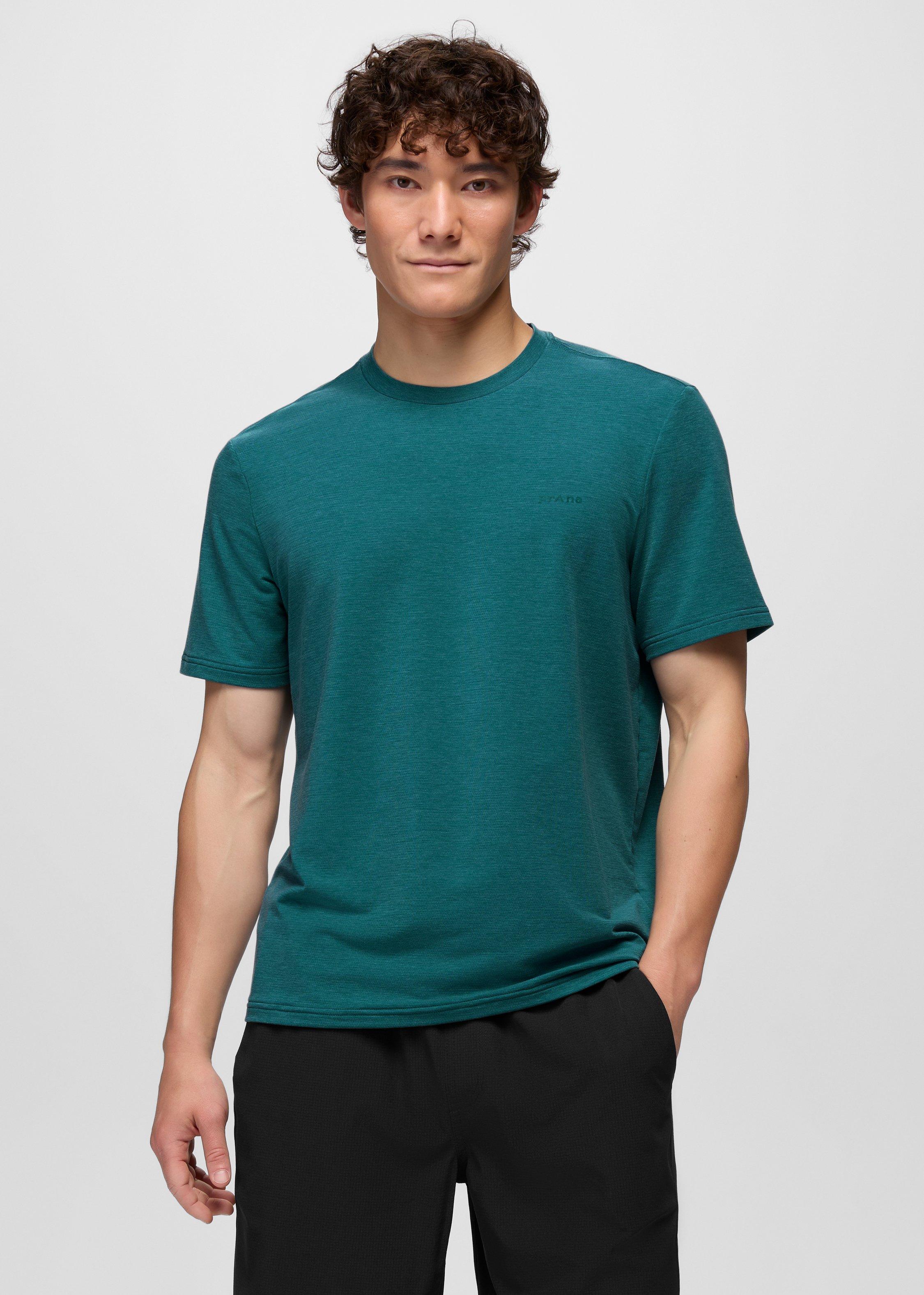 Mens prAna Tolmie Tech Short Sleeve Crew - Blue Coral Heather