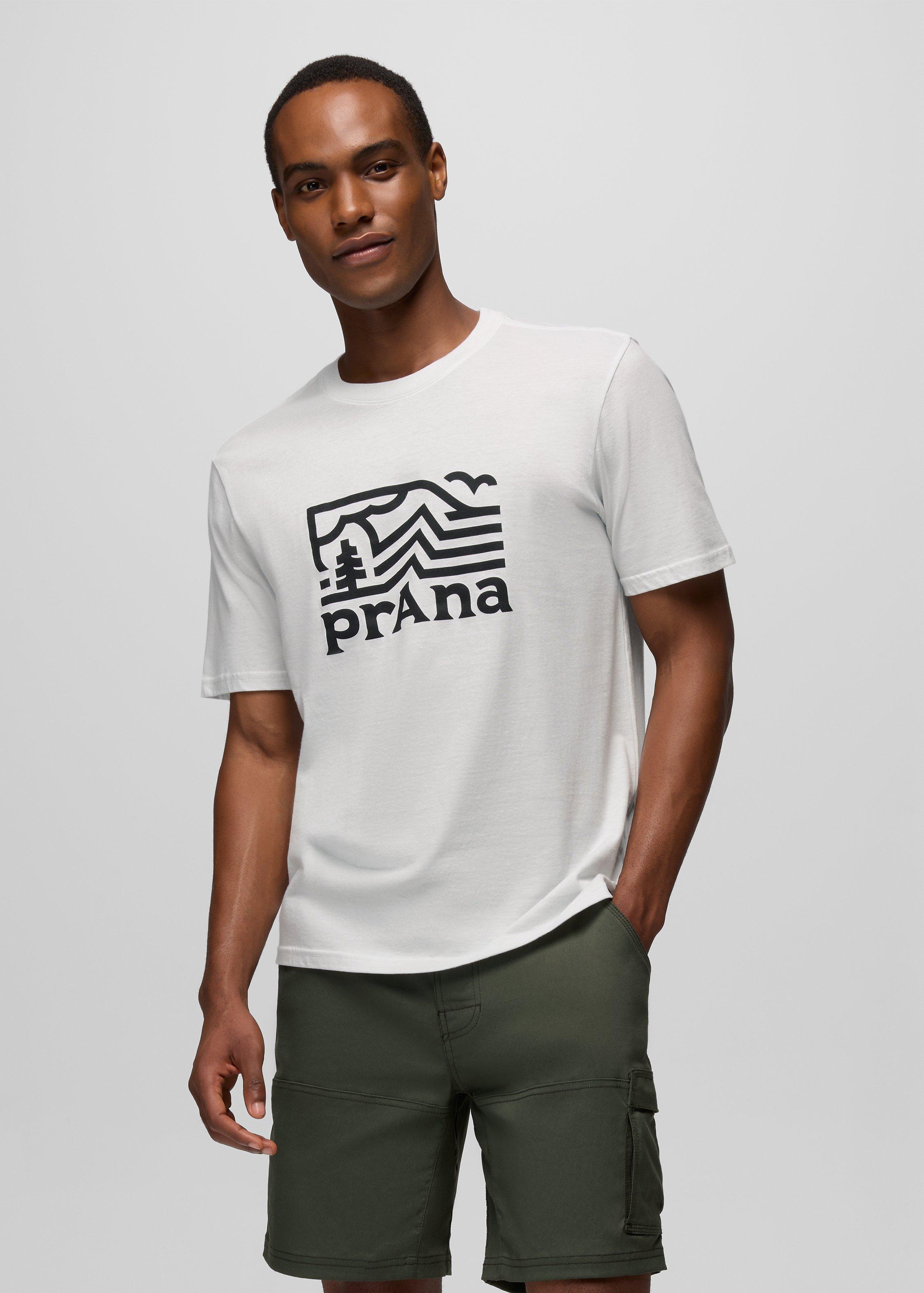 Mens prAna Peak Path Short Sleeve Graphic Tee - Soft White