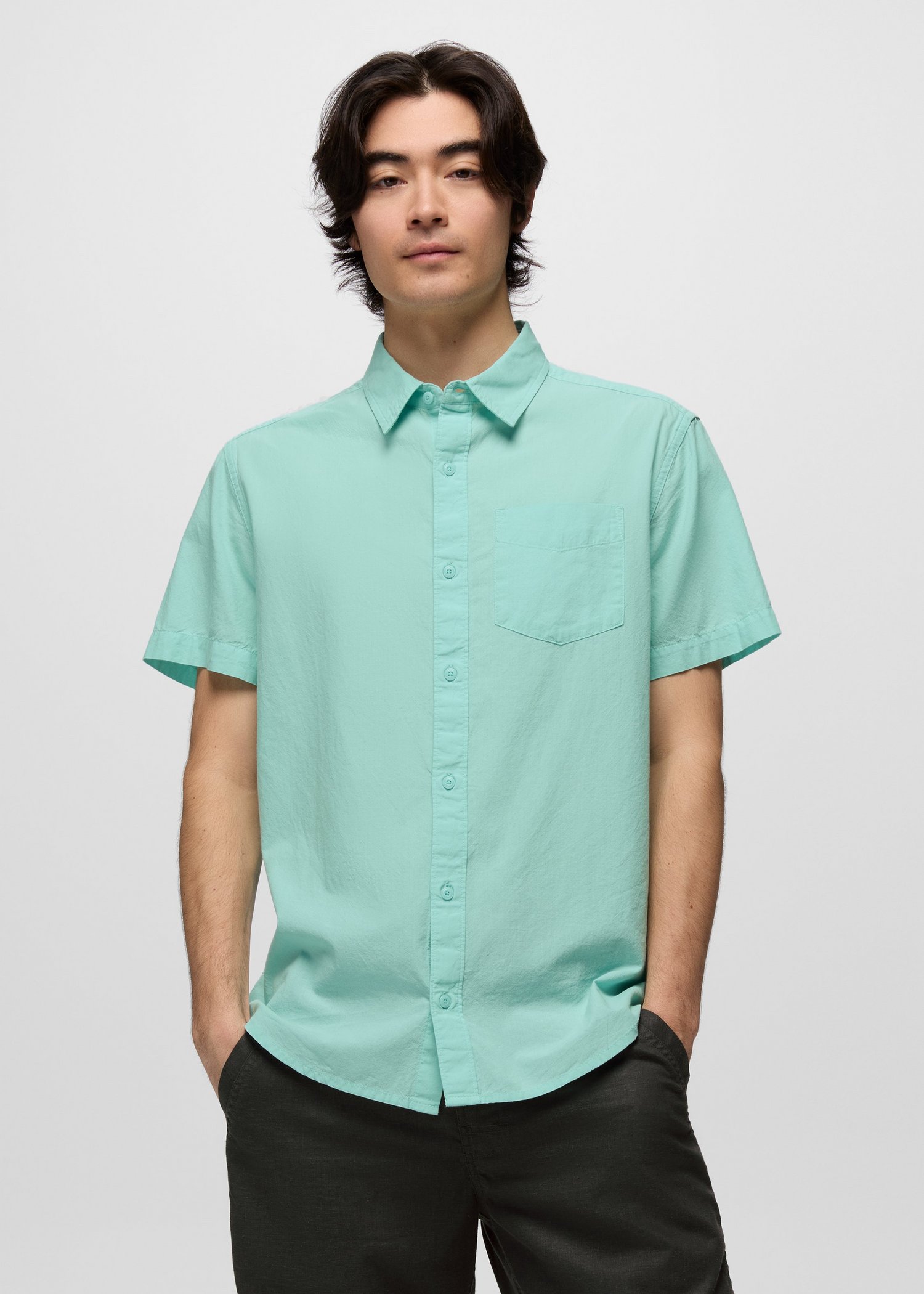 Mens prAna Metador Solid Short Sleeve Shirt - Sea Glass