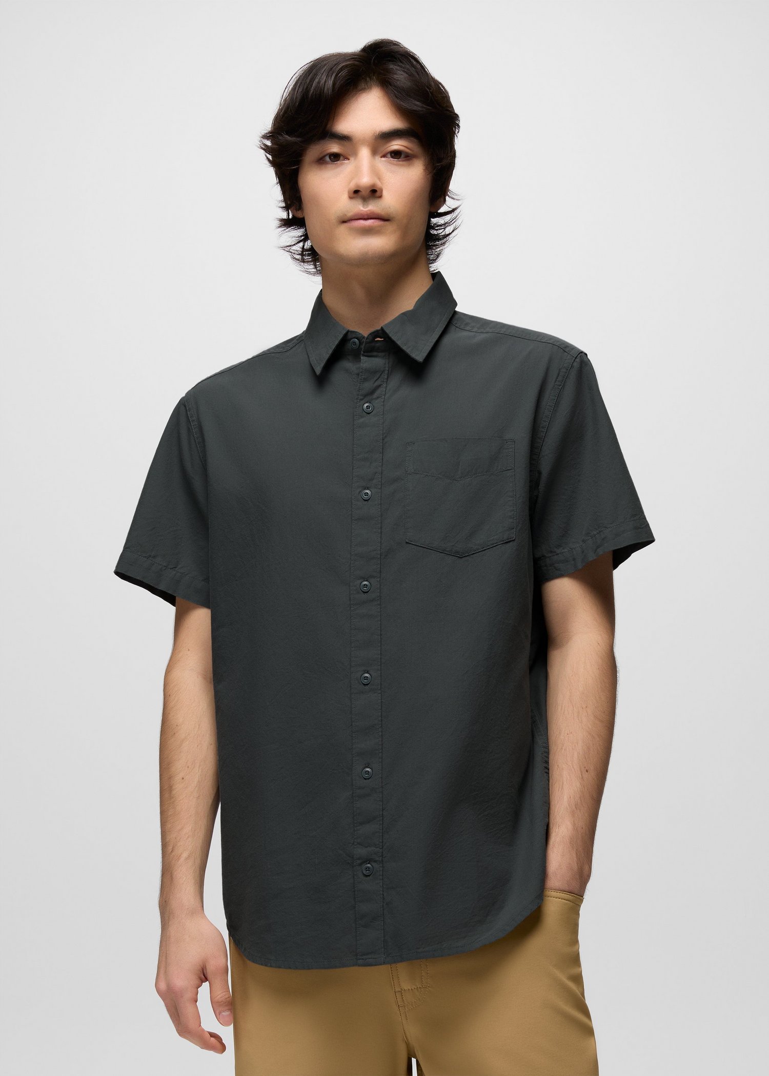 Mens prAna Metador Solid Short Sleeve Shirt - Grey Blue