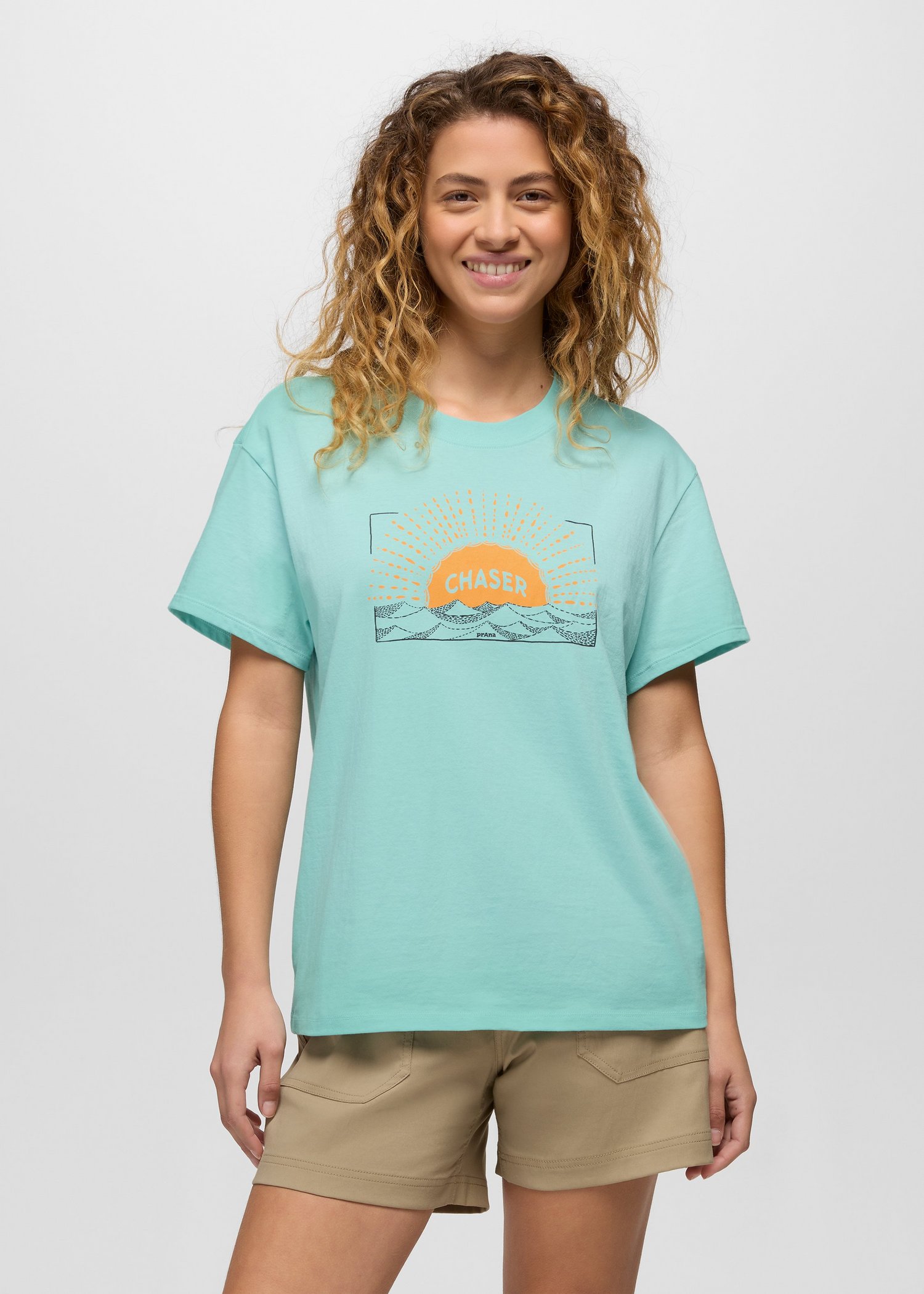 Womens prAna Sun Chaser Journeyman Short Sleeve Graphic Tee - Sea Glass
