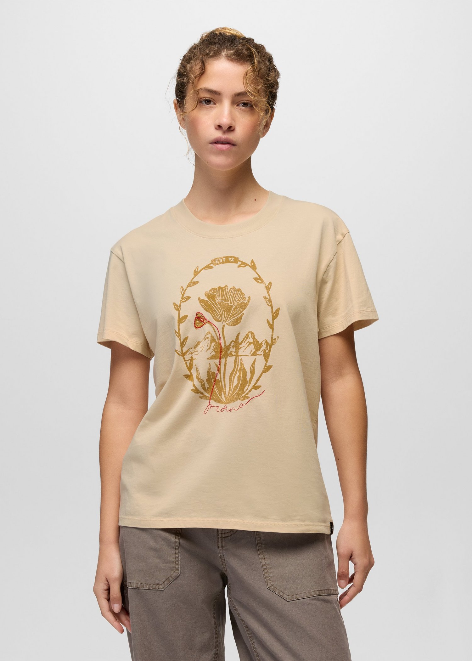 Womens prAna Everyday Mountain Flower Short Sleeve Tee - Stone