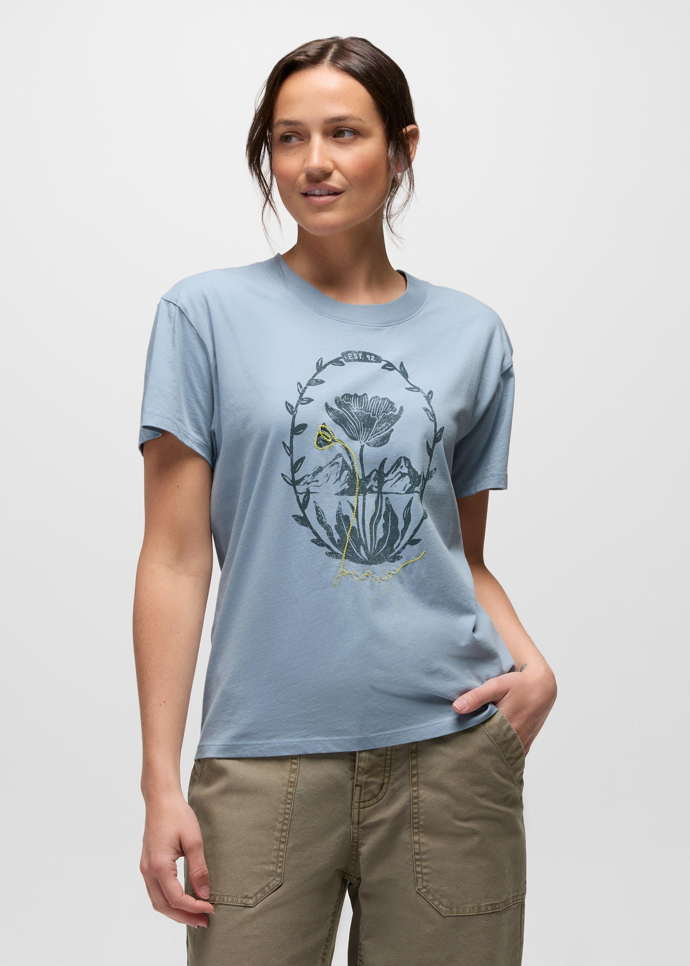 Womens prAna Everyday Mountain Flower Short Sleeve Tee - Glacier Skies