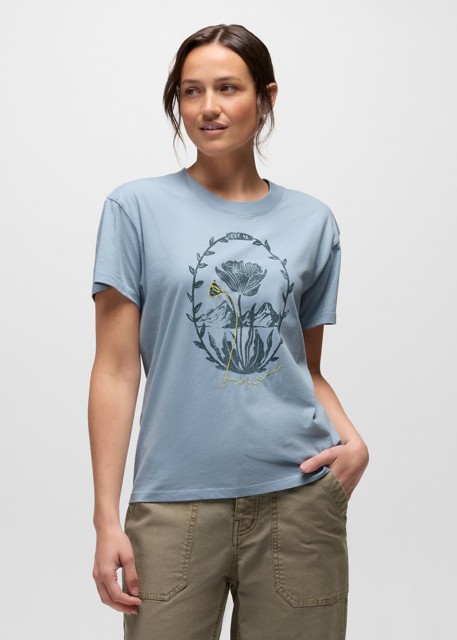 Womens prAna Everyday Mountain Flower Short Sleeve Tee - Glacier Skies