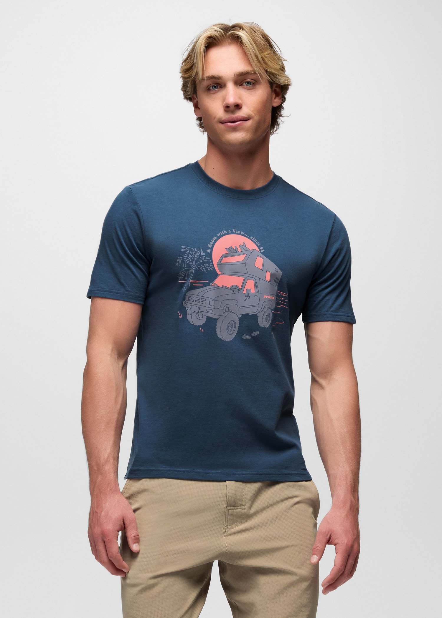 Mens prAna Beach Livin Short Sleeve Graphic Tee - Bluff Blue